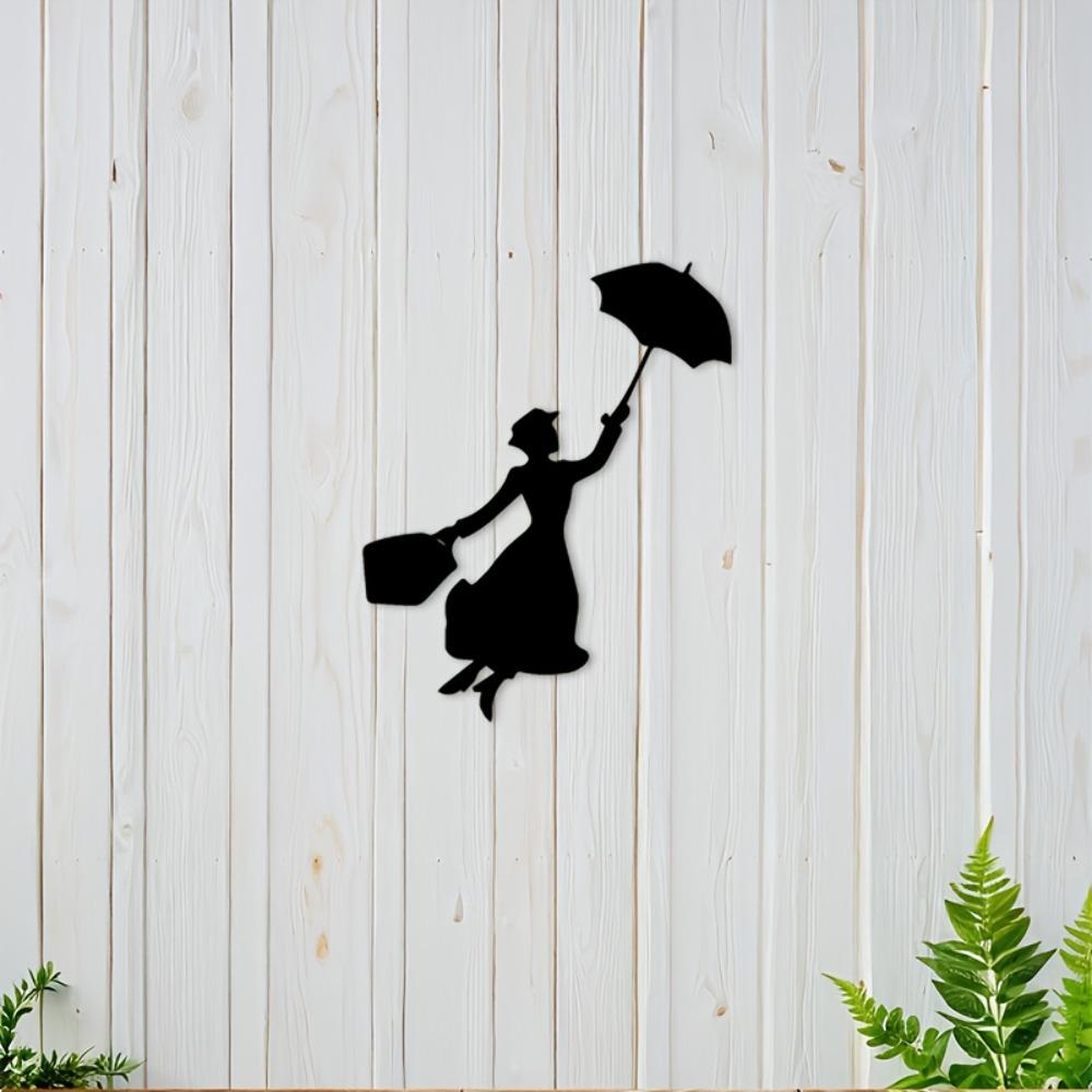 1pc 2D Flat Mary Poppins Silhouette Metal Wall Art Black Decorative Plaque Sign for Living Room Bedroom Study Ambiance Indoor Outdoor Home Decor