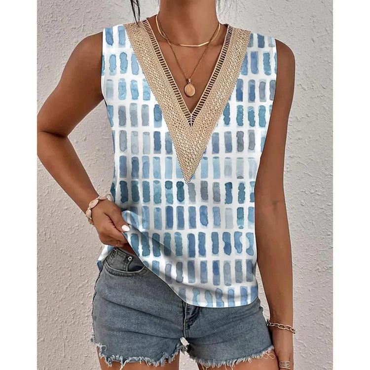 Womens Summer V Neck Lace Trim Printed Sleeveless Vest S