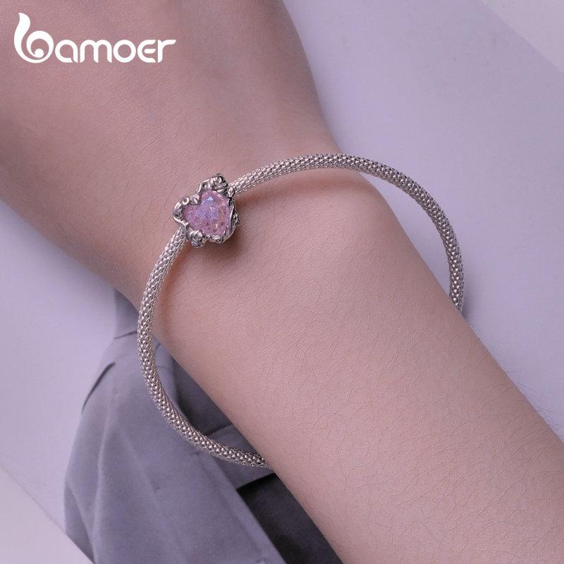BAMOER 925 Sterling Silver Spiraling Crystal Rose Charms Bead pour femmes Bracelet en argent original Bijoux fins
