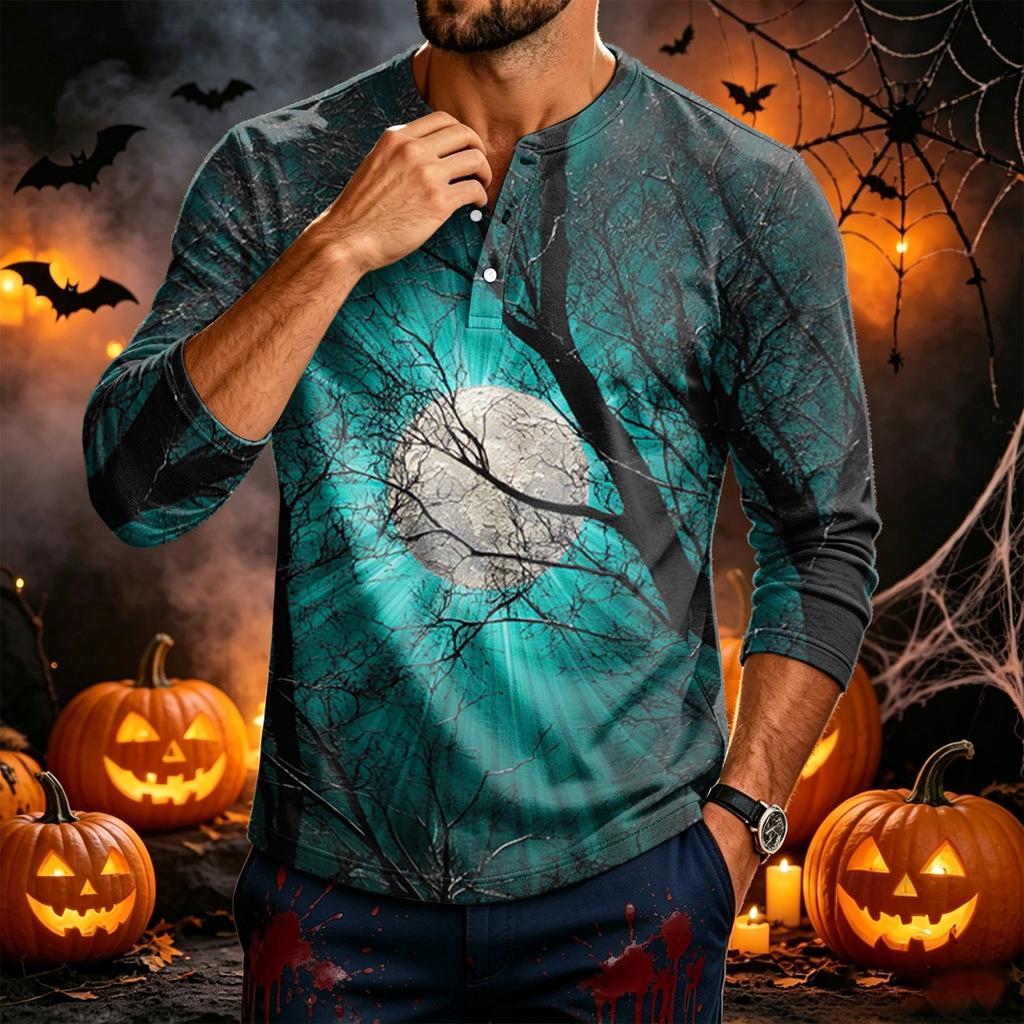 Men's Long Sleeve Shirt with Halloween Print for Festive Parties