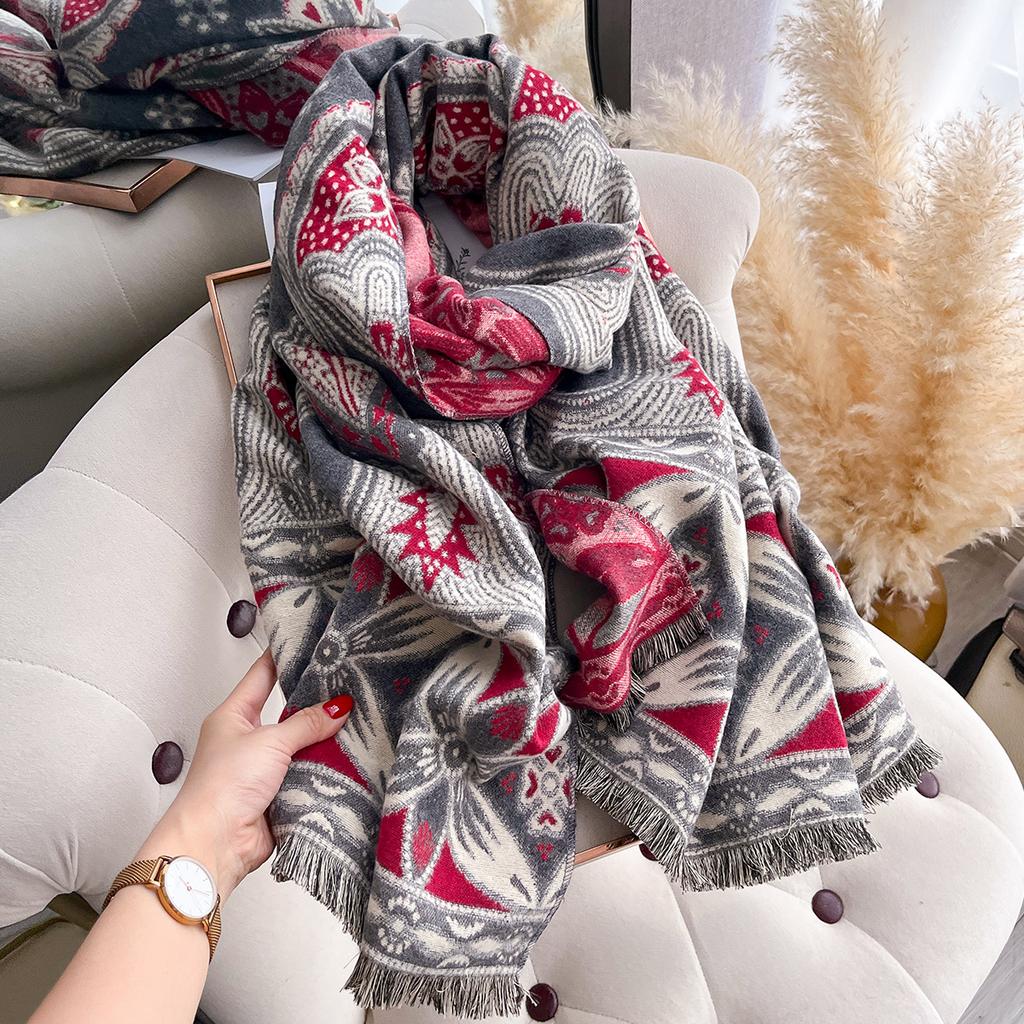 Women Two Sided Flower Print New Scarf Imitation Cashmere Soft Warm Pashmina Shawl Autumn Winter Coldproof Windproof Blanket