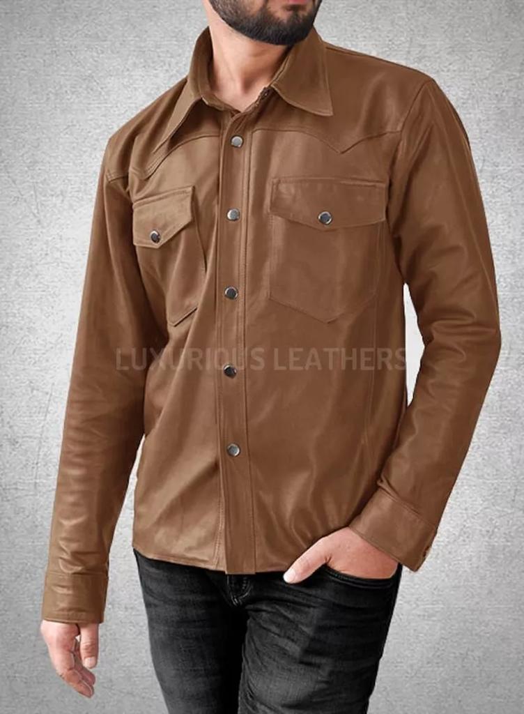 Formal Casual Shirt Wear Men Real Soft Lambskin Leather Stylish Brown Handmade