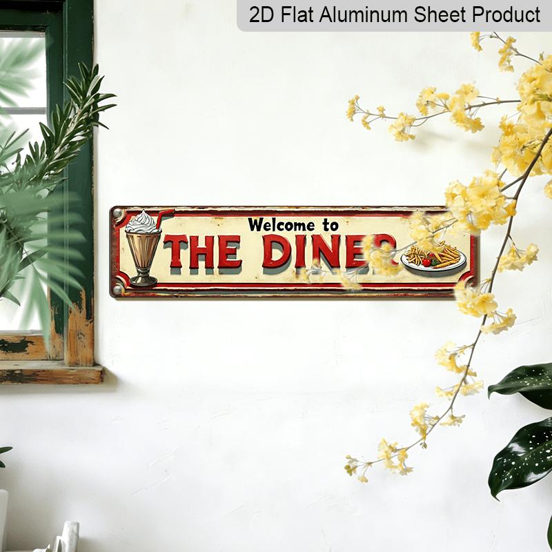 2D Flat 1pc Vintage "Welcome To The Diner" Metal Sign - Farmhouse Style American Diner Alumium Decorative Sign, Wall Hanging, 3.9X15.7 Inch, for
