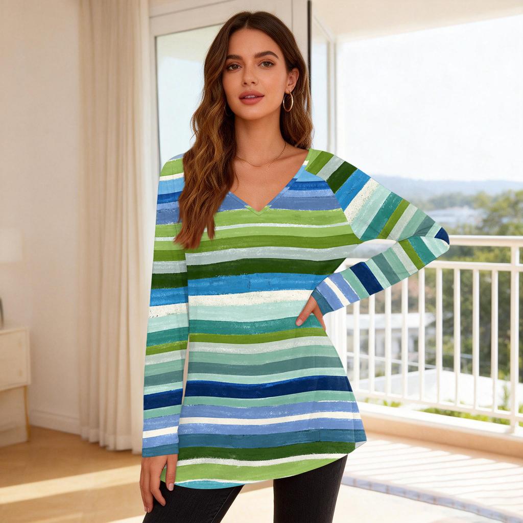 Women's Fashionable Casual Long-Sleeved Striped Print V-Neck Mid-Length Top