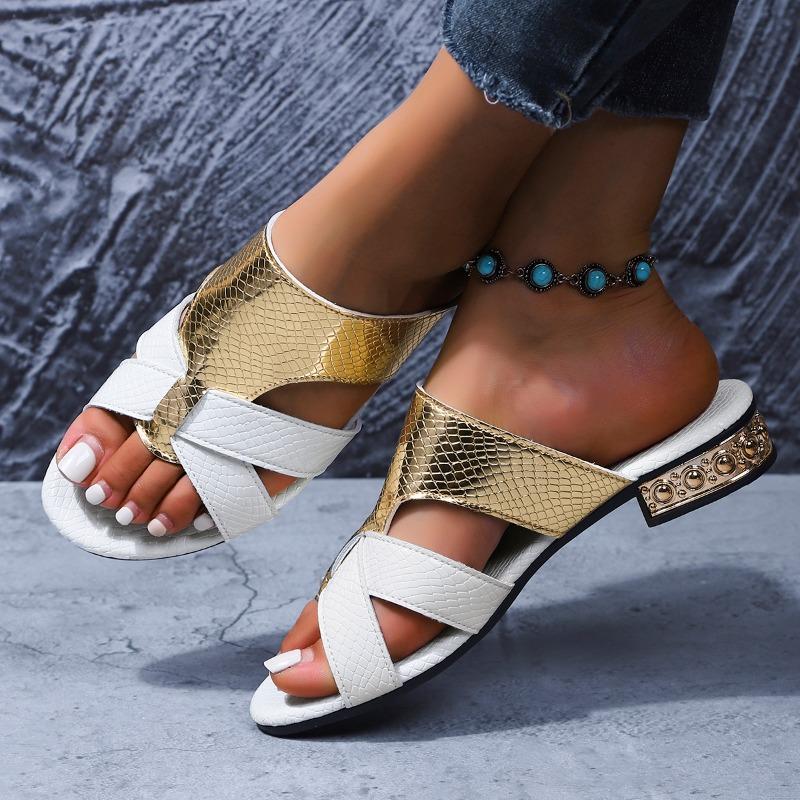 

Плюс Сайз Шлепанцы на Низком Каблуке Летние Новые Круглый Носок Открытый Носок Вырез Цветной Блок Нескользящие Износостойкие Вьетнамки 43 белого золота