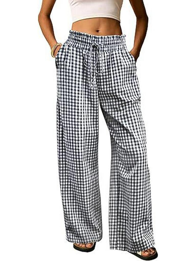 European Plaid Women's Wide-Leg Elastic High-Waist Pajama Pants with Drawstring