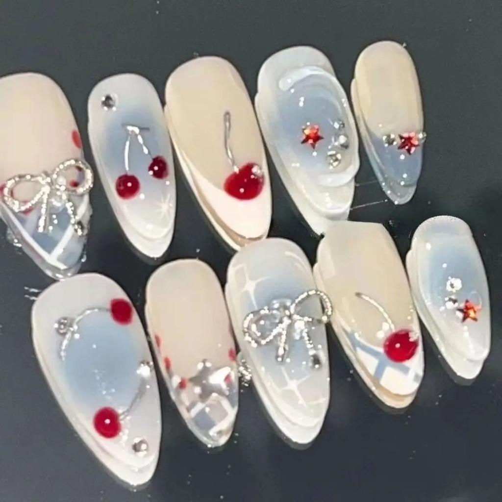 10Pcs Pink Almond Mid-length Press on Fake Nails French Hand Draw Roses Cat's Eye Nail Set Wearable Sweet Acrylic Nails Tips Art
