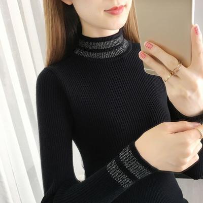 Black Base Shirt, Women's Spring and Autumn Long Sleeved Knitted Shirt TopSlimming and Tight Fitting Autumn and Winter Half High Neck Sweater