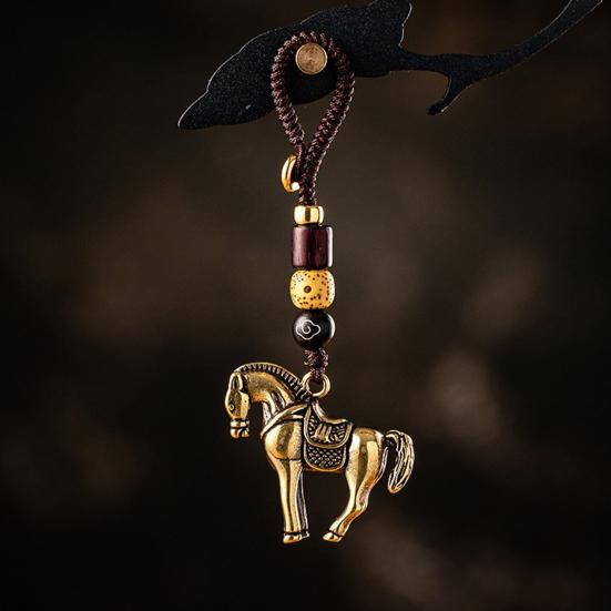 Keychain Pendant Brass Horse Charm Car Key Chain with Hand-Braided Cord Beadwork Immediate Success Bag Charm Car Ornament
