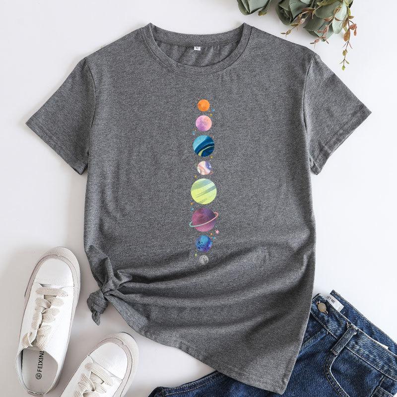 Summer Round Neck Planet Pattern Printed Top Fashionable Casual Short Sleeved Women's Pure Cotton T-shirts