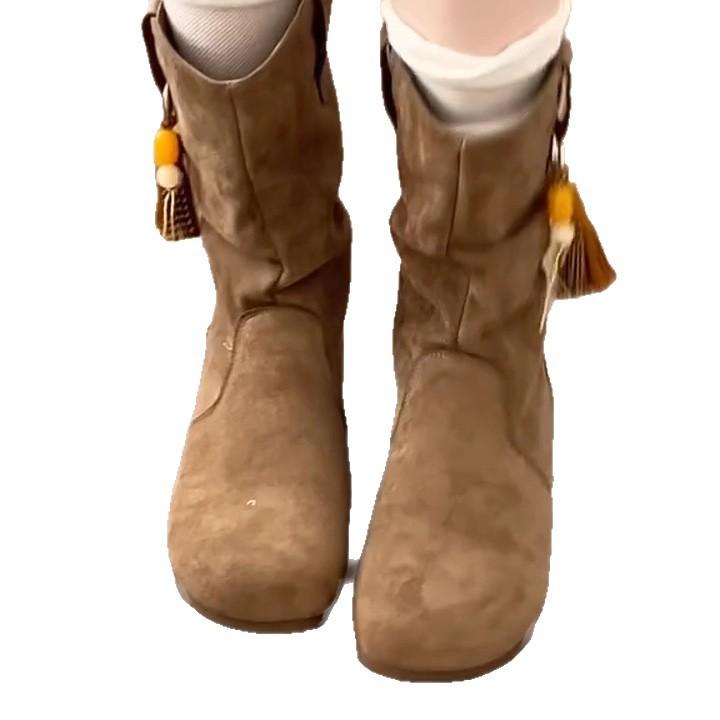 Retro Inner Heightening Small Short Boots Children 2025 New Early Autumn and Winter Piled Thick Cotton Boots Martin Boots Flat-bottomed Stacking Boots