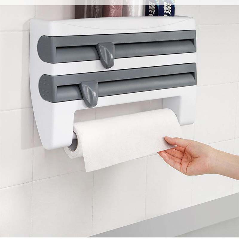 3 In 1 Kitchen Cling Film Storage Rack with Cutter Tin Foil Rack Wall-Mounted Paper Towel Rag Organizer