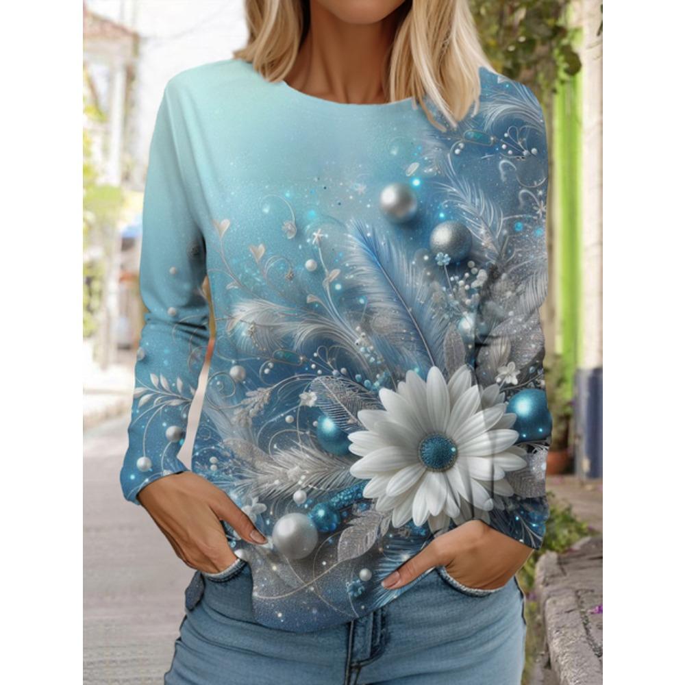 Świąteczny damski okrągły dekolt długi rękaw róża retro nadruk długi rękaw nadruk 3d świąteczny pulower długi rękaw wiosna i jesień