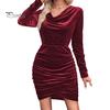 Elegant Cinched Waist Dress Lady Mini V Neck Slim Fit Pleated Long Sleeves Sheath Design Irregular Hem Pure Color Elastic Club Party Fall Spring Short