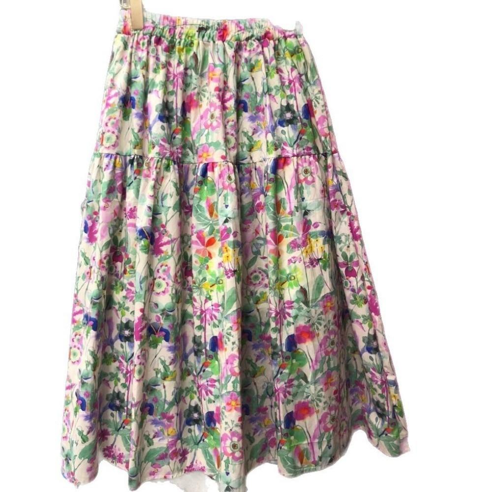 Qooth Retro Damska Spódnica A-line w Kwiaty Szeroki Dół Długość Midi Elastyczna Talia Casualowa Spódnica QT2637