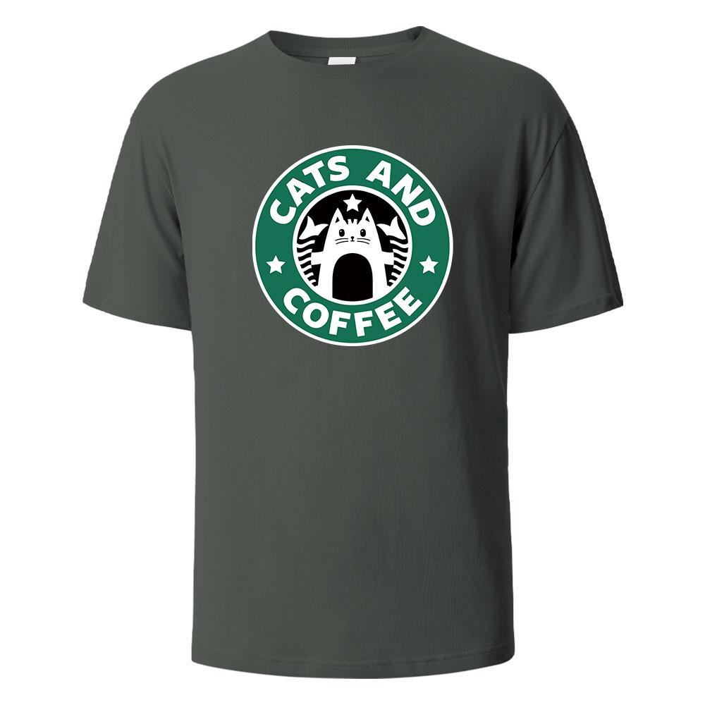 Cats And Coffee Street Funny TShirt For Men Fashion Casual Loose Cotton Clothing Crewneck Breathable Tshirt Hip Hop Tees
