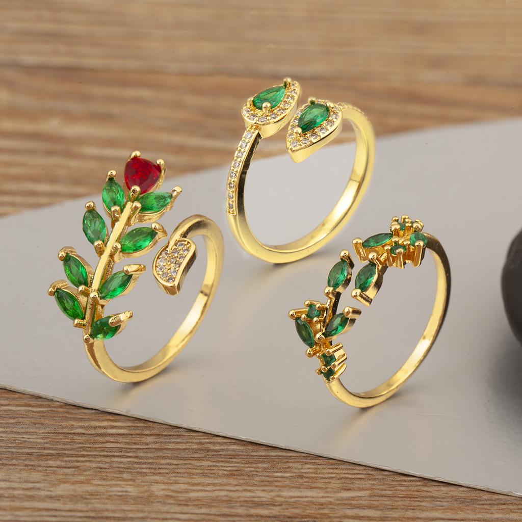 Nidin New Trendy Leaf/Water-drop/Flower Shape Inlaid Green Zircon Open Rings Adjustable For Women Temperament Finger Jewelry