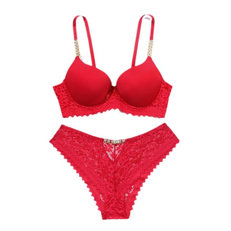 Elegant Rhinestone Lace Bra Set with Metal Chain Straps, Off-Shoulder Push-Up B Cup