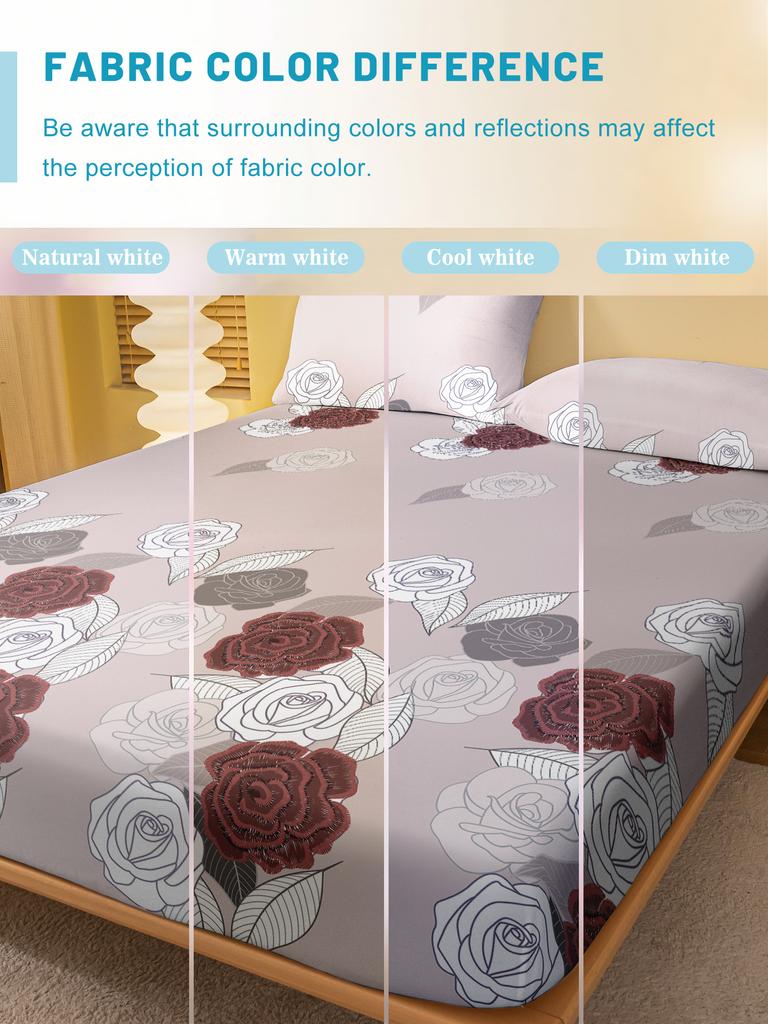 Simple Modern Rose Printed Fitted Sheet Plant Flower Design Matte Bed Cover Bedding Set Without Pillowcases