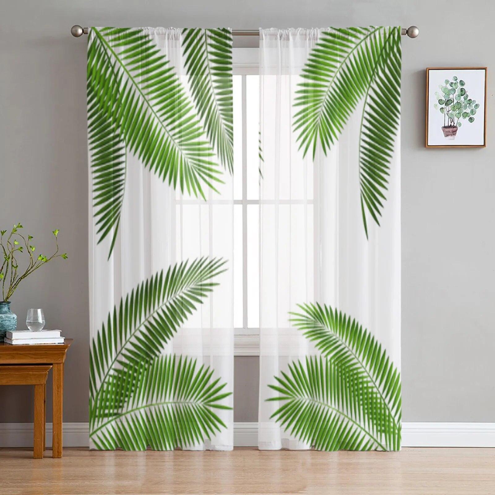 

Прозрачные шторы с тропическими зелеными листьями растений для гостиной, спальни, тюлевые шторы, кухонные оконные шторы, панельные шторы 135W x 114H(cm)x2
