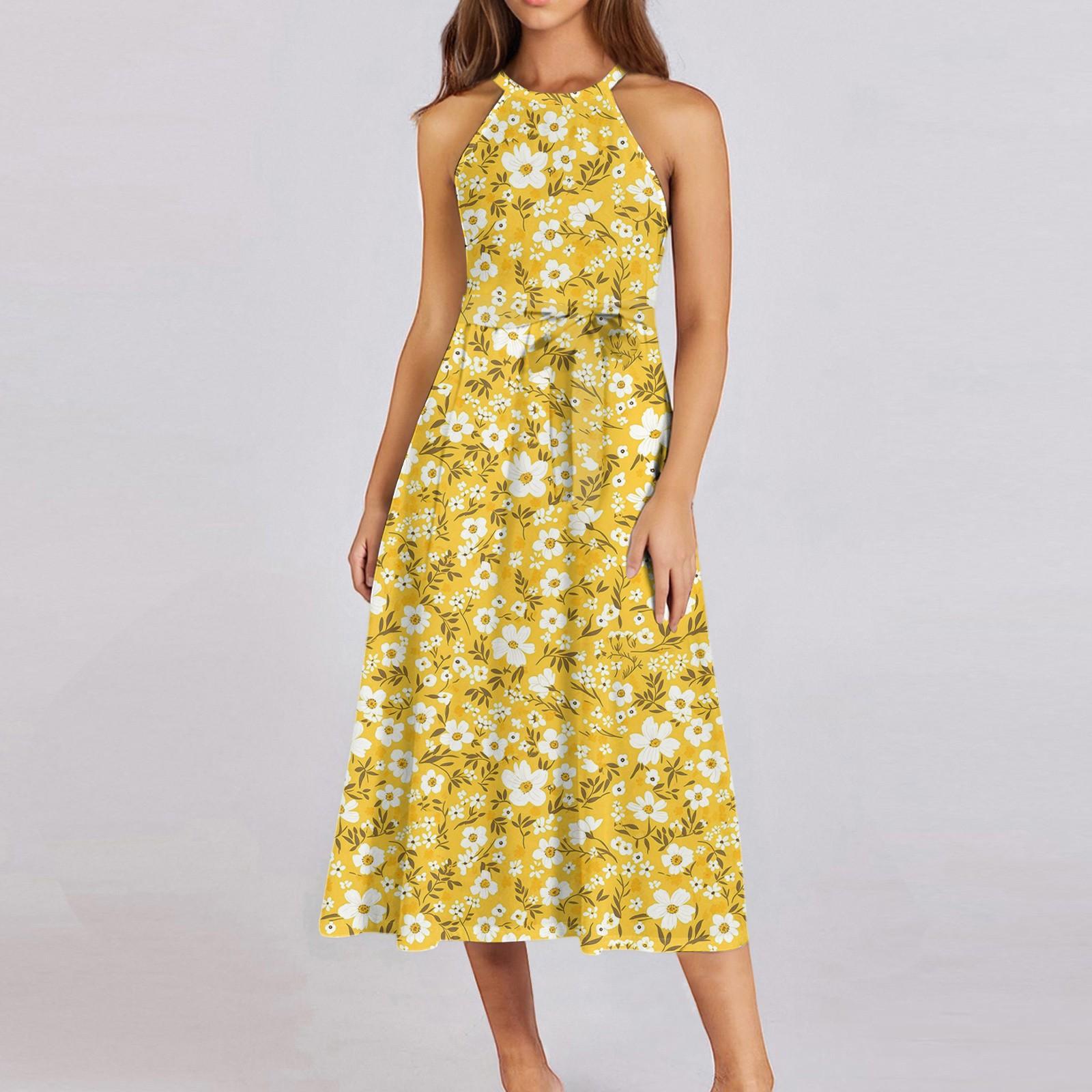 

Жіноча повсякденна сукня міді з круглим вирізом Базова класична повсякденна сукня без рукавів у стилі бохо на краватці Літній пляжний сарафан XL жовтий