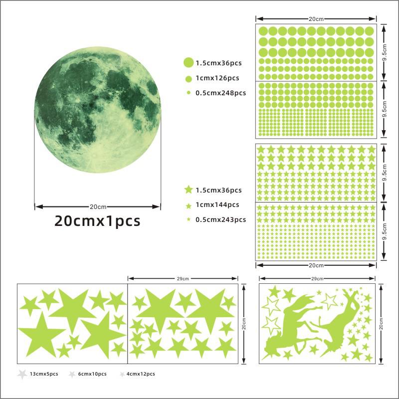 893-Piece Luminous Moon, Unicorn, Stars & Dots Fluorescent Wall Stickers for Children's Bedroom
