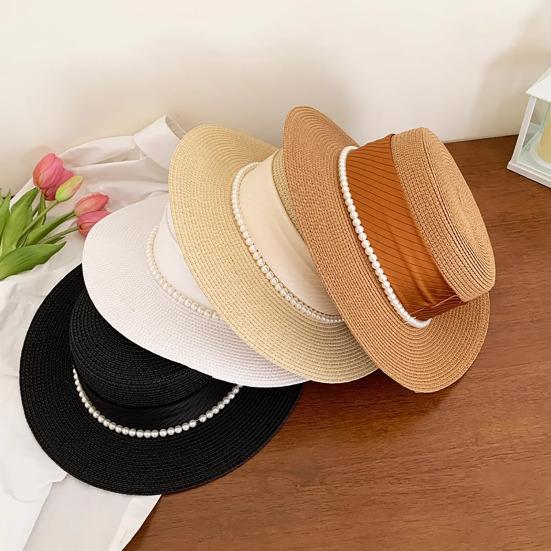 Women Sun Hat Breathable Wide Brim Flat Top French Style Straw Woven Hat with Ribbon Faux Pearls Decoration Summer Outdoor Hat