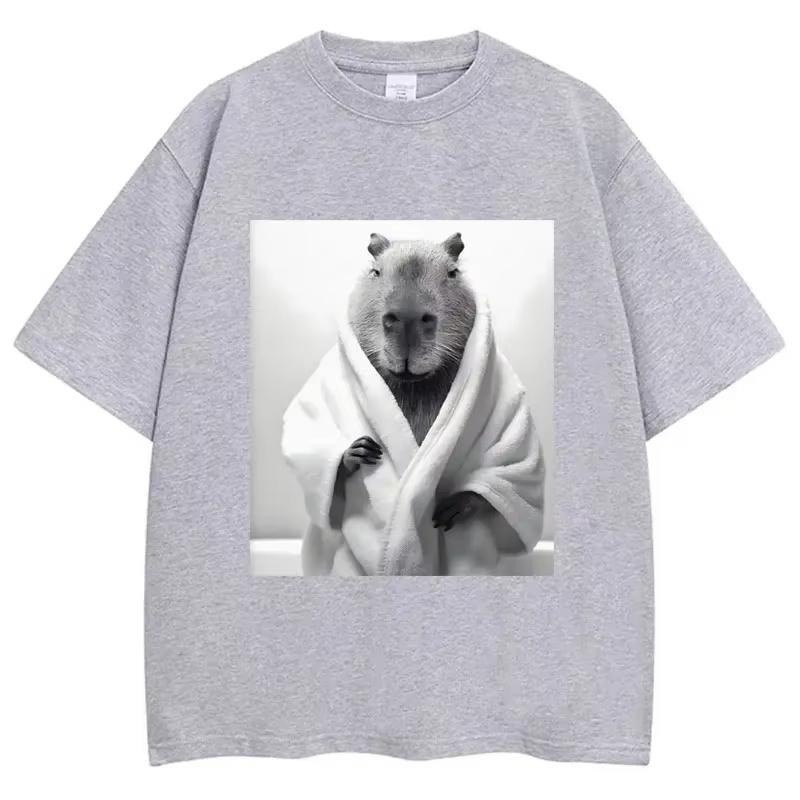 Funny Capybara in Bathrobe Print T Shirts Creativity Popular Summer Short Sleeve Cotton  Casual Tees Unisex Streetwear