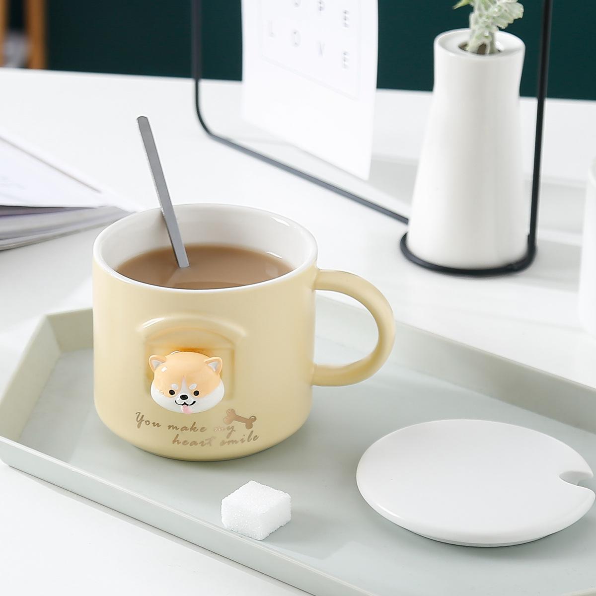 Three-Dimensional Shiba Inu Cute Cartoon Ceramic Cup Akita Dog Mug With Lid Spoon Student Office Household Water Cup Couple 301-400ml