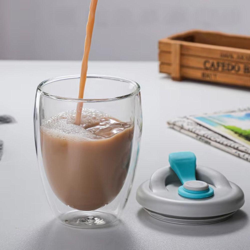 Insulated Glass Cup with Lid Cold/Heat Resistant Portable Water Cup Double Wall Coffee Mug  Juice