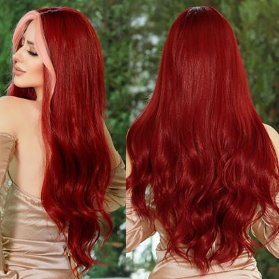 Professionelle Perücken, lang, gewellt, weinrot, für Damen, für den Alltag, Partys, synthetische Highlights, Mittelteil, 27 Zoll, Lolita-Perücken, hitzebeständig