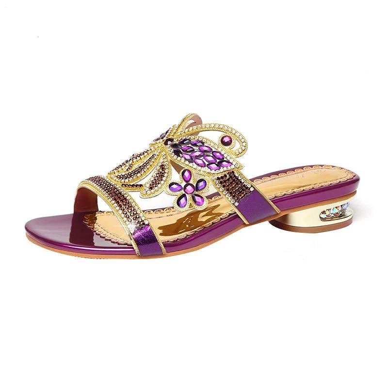 

Модные летние модные сандалии с бриллиантами женские тапочки-бабочки на среднем каблуке со стразами блестящие противоскользящие пляжные туфли для отдыха на открытом воздухе 34(Foot22cm)