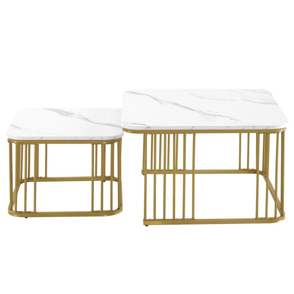 Flieks Quadratisch Couchtisch 2er Set, Moderne Wohnzimmertisch mit Marmor Furnier, Hochglanz Satztisch mit Stauraum, Weiß und Gold