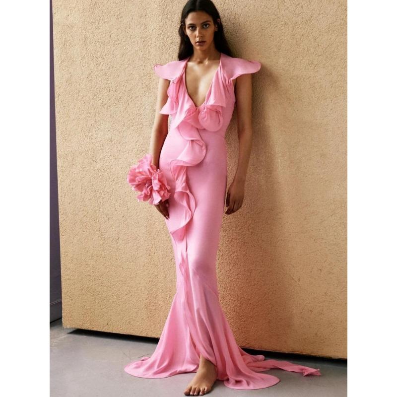 Sexy V Neck Ruffle Draped Maxi Dress Women Pink Sleeveless Flower Design Irregular Ruffles Slim Long Dress Elegant Event Prom
