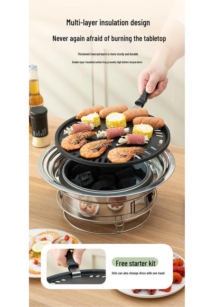 Korean-Style Stainless Steel Round BBQ Grill & Fire Pit with Non-stick Baking Pan