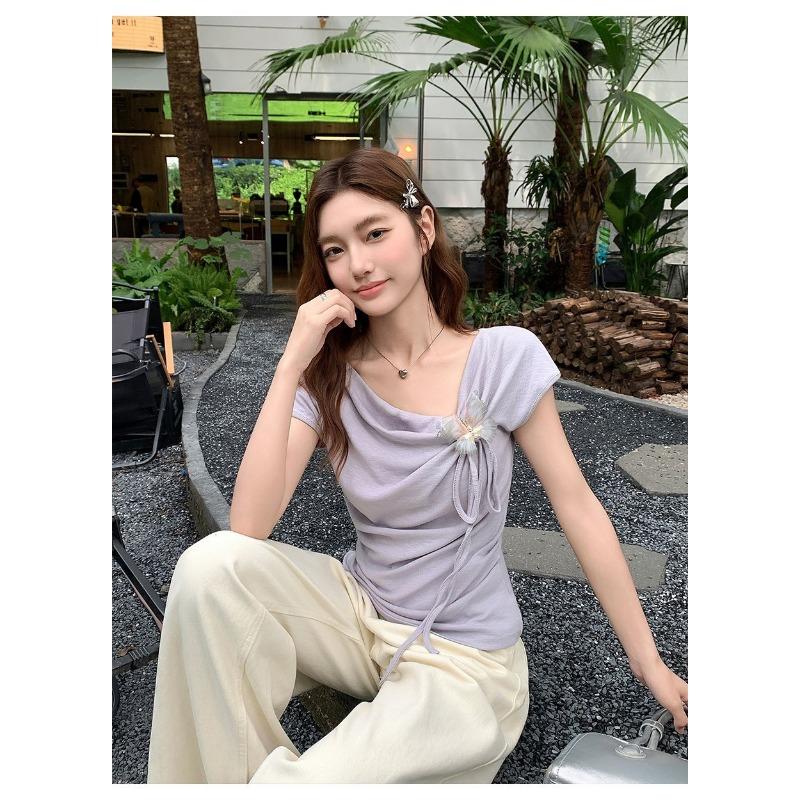 Swing Collar Slanted Shoulder Three-dimensional Bow Short-sleeved T-shirt Women's Summer Irregular Top