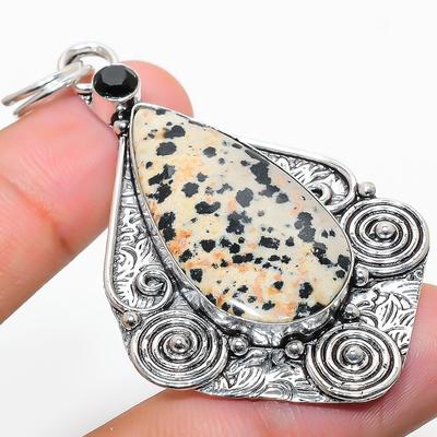 Natürlicher Dalmatiner Jaspis, Spinell Edelstein 925 Sterling Silber Anhänger 2.60" I6t56