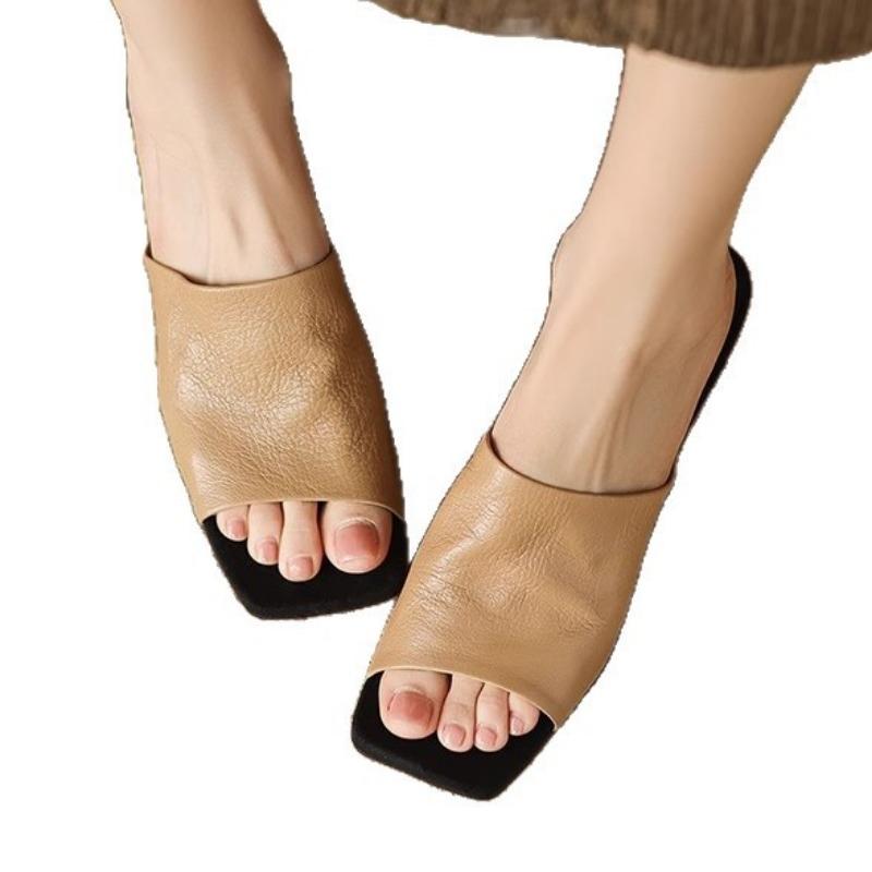 Sheepskin version is very easy to wear retro square head one-word slippers women's summer shoes special-shaped and cool slippers