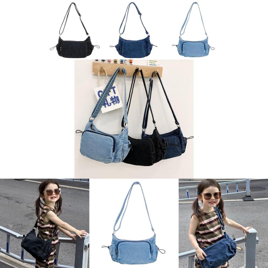 Stylish Korean Minimalist Denim Shoulder Bag For Kids In Blue Black And Dark Blue Colors