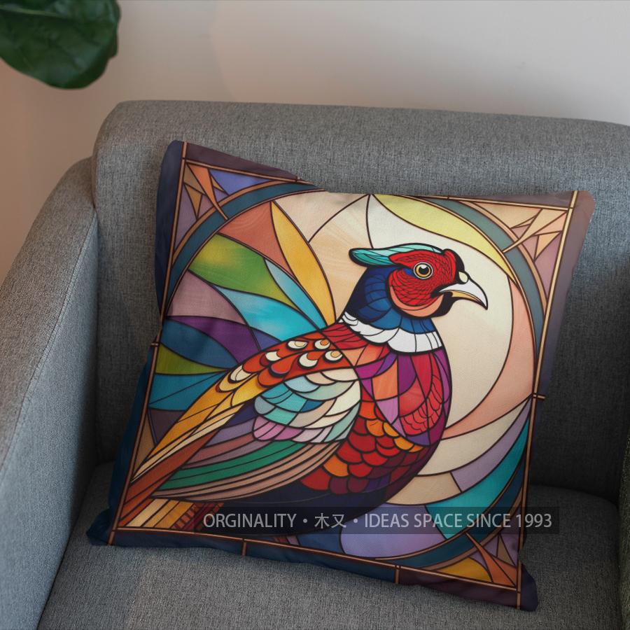 2D Stained Glass Style Pheasant-Printed Pillow Cover Pattern Cushion Cover Suitable For Sofa Bedroom Car Pillow Cover