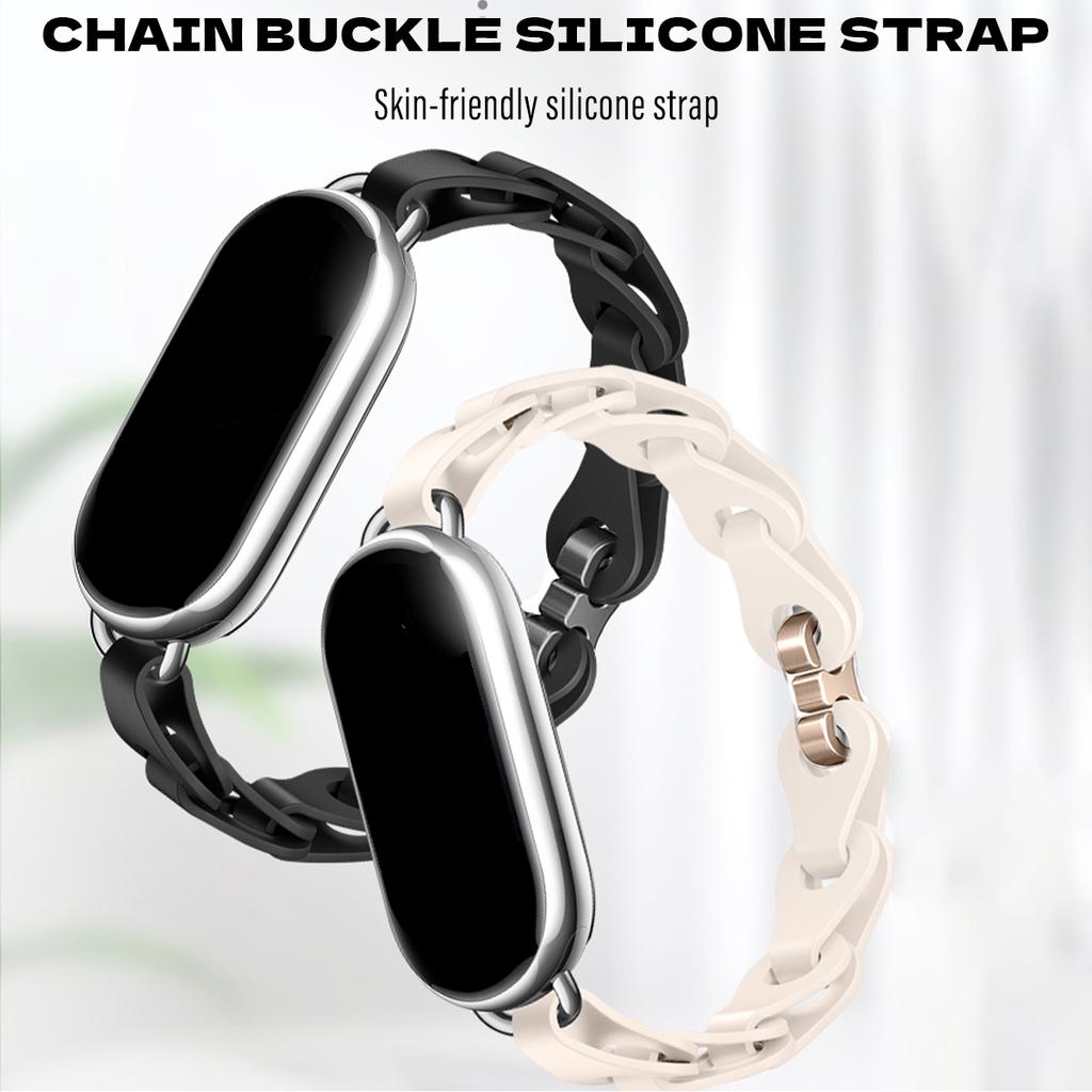 Rubber Strap for Xiaomi Mi Band 8 Stainless Steel Buckle Bracelet for Miband 8 NFC Fashion Lady Style Replacement Silicone Band