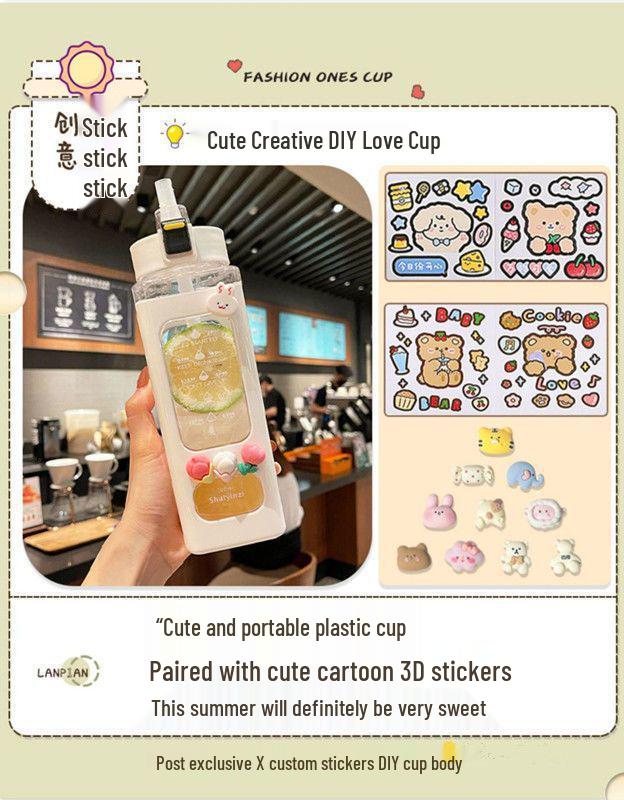 Tragbarer Damen-Wasserbecher mit großem Fassungsvermögen und Strohhalm, Sturzsicheres Design, Ideal für Studenten und Reisen, Koreanischer Stil.