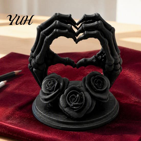 Spooky Tabletop Figurines 3D Printed Heart Shape Skeleton Hand Ornament, Gothic Rose Skull Statue Dark Home Aesthetic Accessories for Decor,