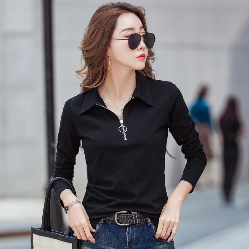 Women's Korean Style Long Sleeve Polo Shirt - 95% Cotton, Turn-Down Collar, Slim Fit, Professional Base Layer Top