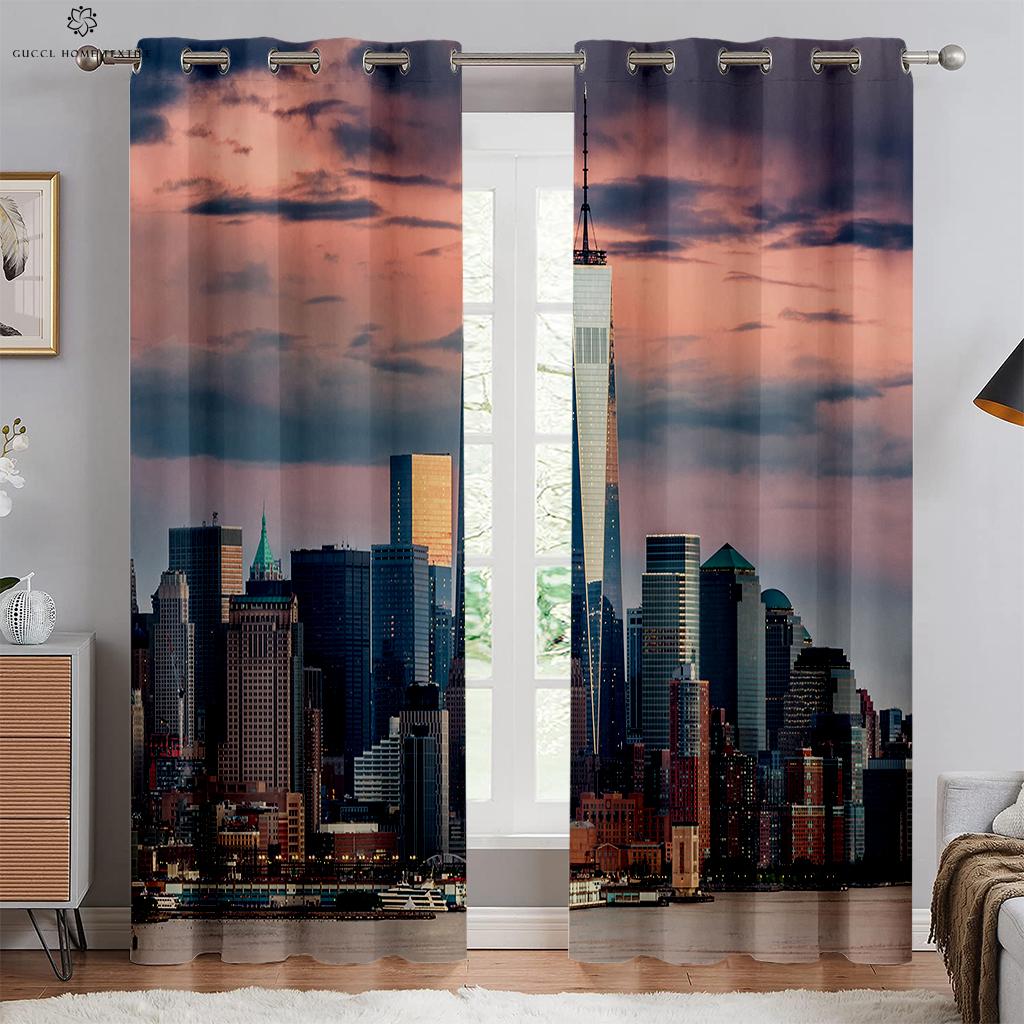 

2 штуки штор с 3D-стереопечатью ночного вида города, машинная стирка, декоративные шторы для гостиной, кабинета, спальни W70xH100(CM)x2PCS&Grommet Top