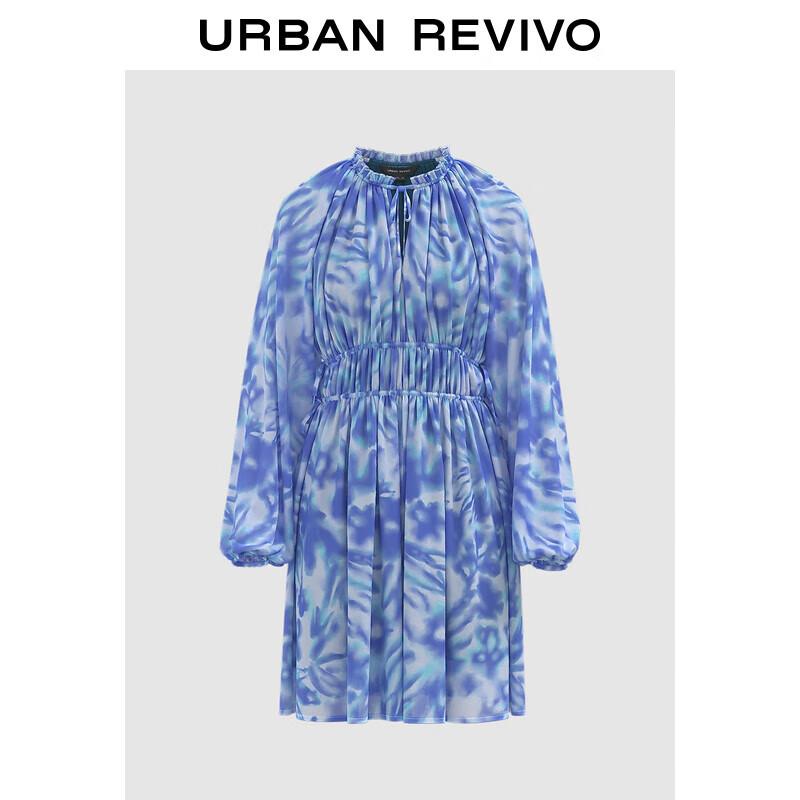 

UR 2025 Spring Pleated Printed Lantern Sleeve Mini Dress L