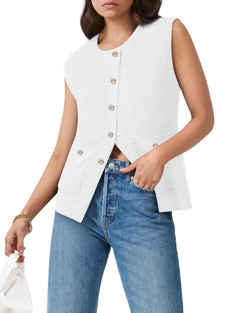 Women's Sleeveless Button Down Sweater Vest Round Neck Knit Cardigan Tank Top