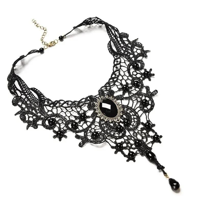 Fashion Vintage Gothic Choker Necklace Black Lace Beaded Collar Steampunk Style Layered Gemstone Pendant for Women Jewelry
