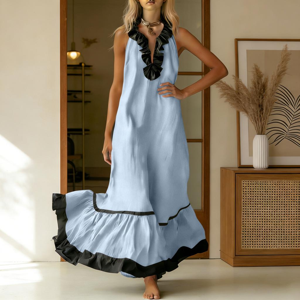 Women's Fashionable Color Round Neck 3/4 Sleeved Cotton Linen Casual Vacation Loose Long Dress