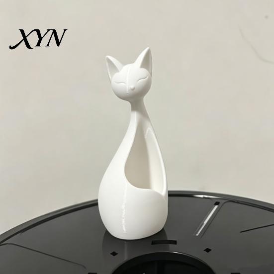 Desktop Succulents Holder Cute Cat-Shaped Sculpture, Hollow Out Ceramic Kitty Flower Pot with Smiling Face, Adorable Modern Planter Decor &